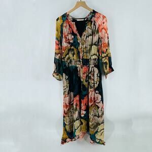 Soft Surroundings Natalia Floral Midi Dress Asymmetrical Button Long Sleeve Sz M